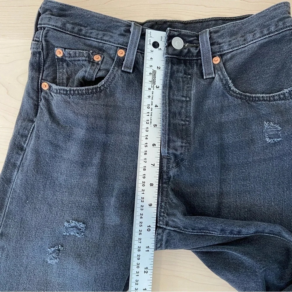 Levis 501 premium jeans black button fly ripped knees high rise waist size 25 - Picture 10 of 12